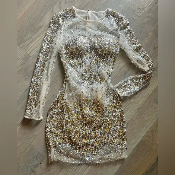 Dresses | Glamorous Nude Silver And Gold Rhinestones Dress | Poshmark